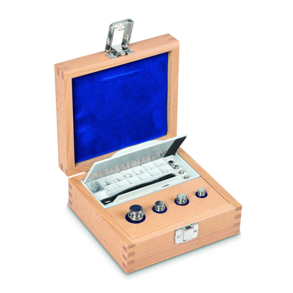 Set di pesi E1, forma cilindrica, con scatola in legno