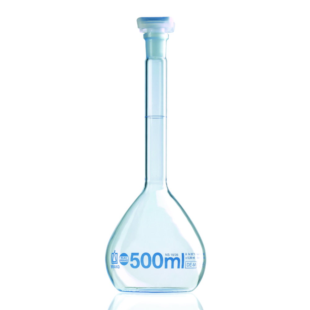 Matracci tarati, vetro borosilicato 3.3, classe A, graduazioni blu, incl. certificato di taratura DAkkS