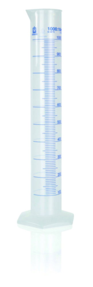 Cilindro graduato 1000 ml: 10 ml, forma alta in PP, gradazione in blu