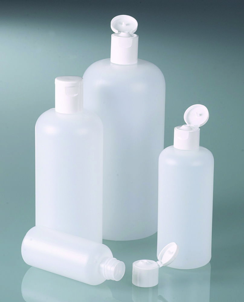 Bottiglie rotonde, HDPE, con chiusura a scatto, PP