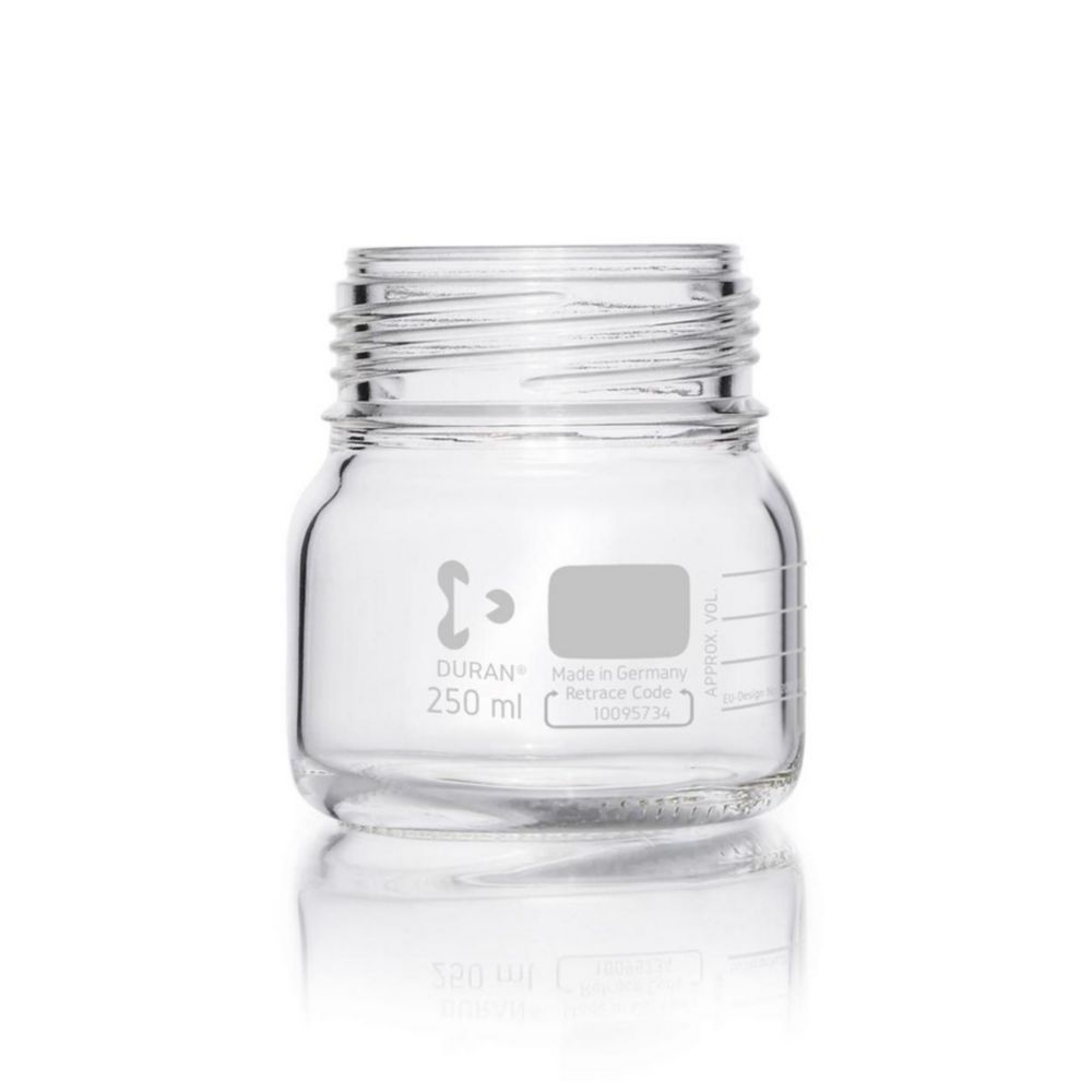 Bottiglia in vetro da laboratorio 250 ml, trasparente DURAN® GLS 80, collo largo senza tappo a vite e anello versatore