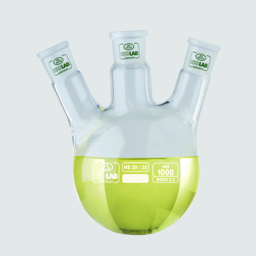 Palloni a fondo tondo con tre colli, giunzioni NS, angolati in vetro Borosilicato 3.3