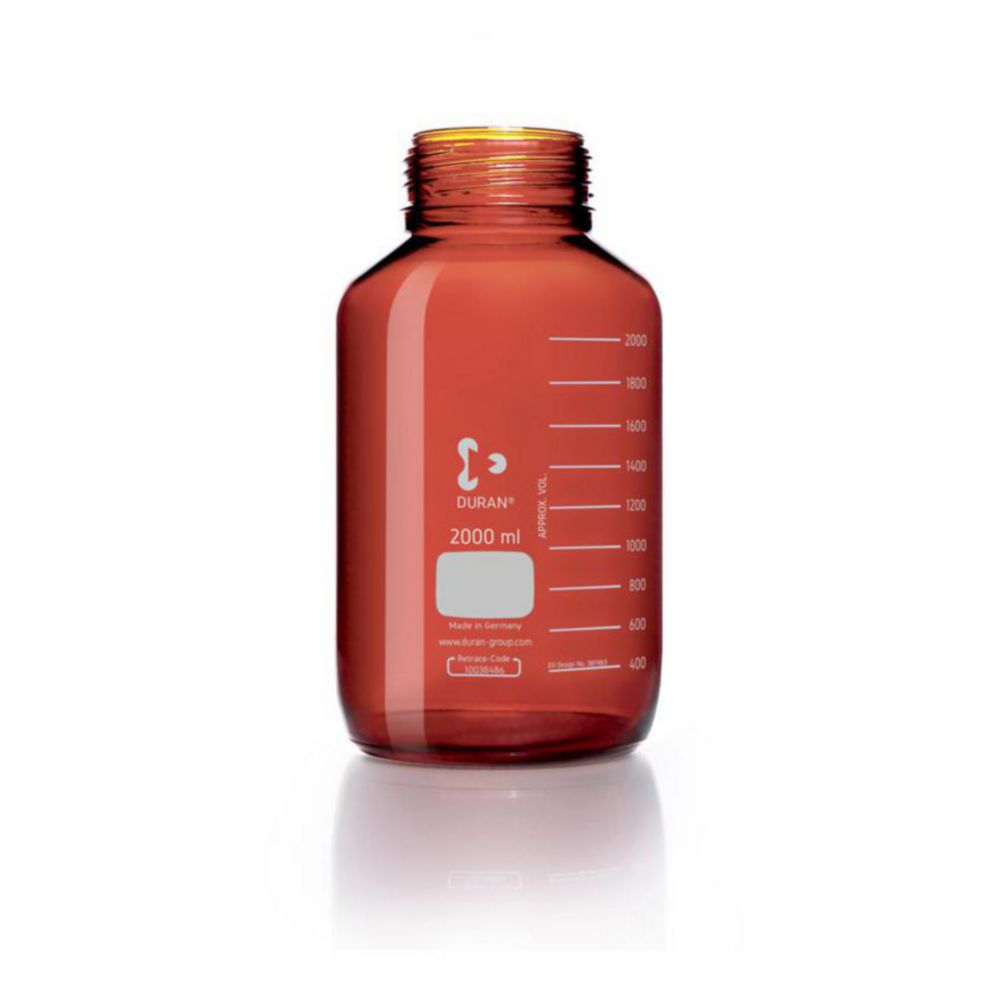 Bottiglia in vetro da laboratorio 2000 ml DURAN®, GLS 80, collo largo, vetro ambrato, senza tappo a vite e anello versatore