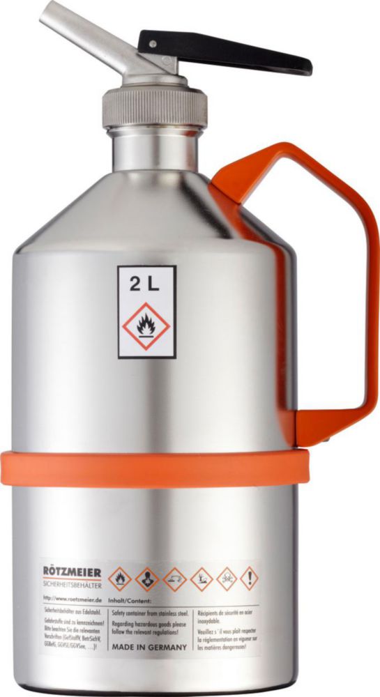 Safety cans for solvents, with self-closing, metering device 1¼", polished