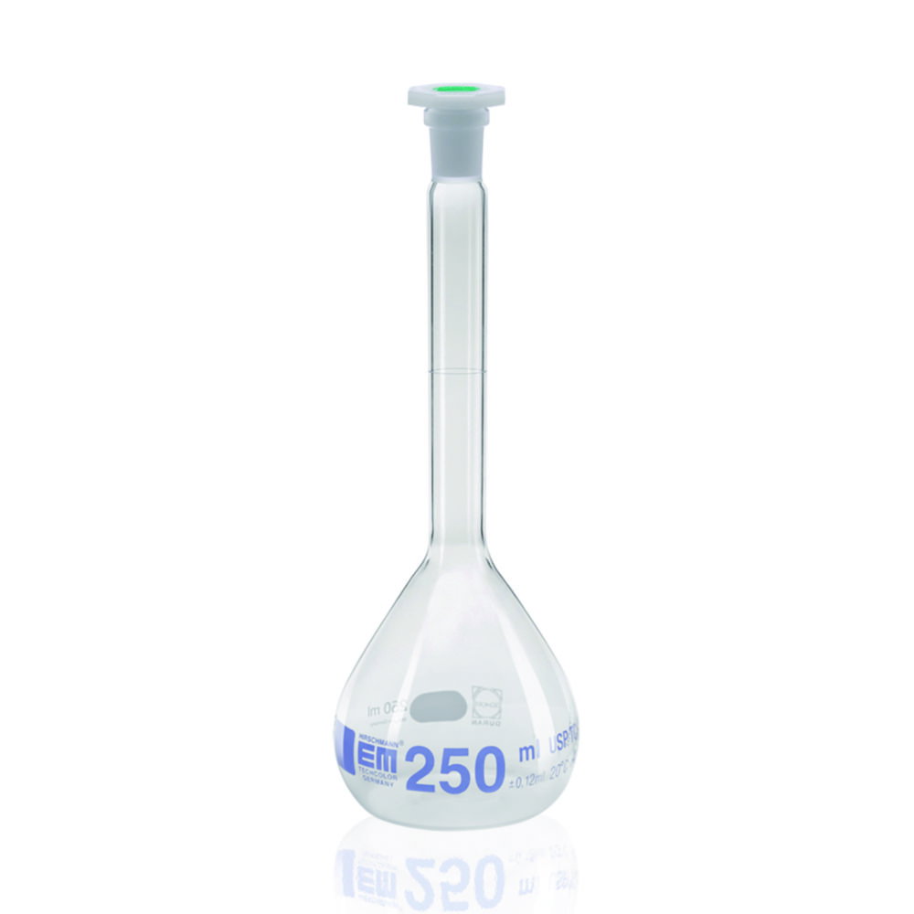 Measuring Flask, DURAN®, Class A, Blue Graduation, PE Stopper, USP