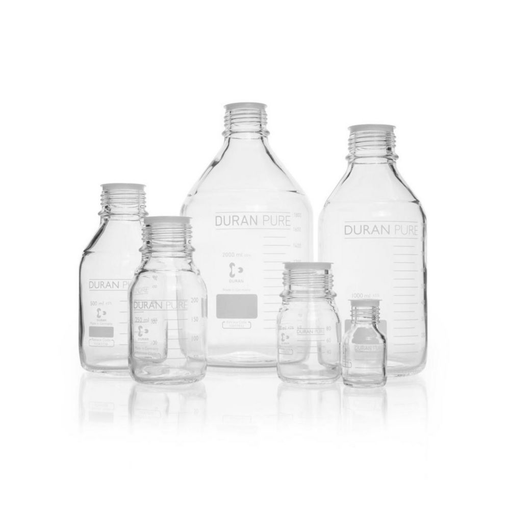 DURAN PURE flacone 25 ml, trasparente con scala graduata, GL 25, con tappo antipolvere, senza tappo a vite e anello versatore