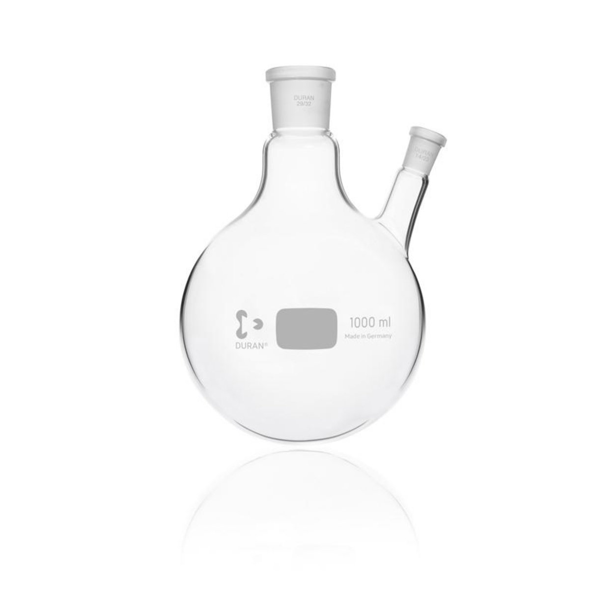 Pallone a fondo tondo da 1000 ml a due colli, DURAN®, attacco centrale 29/32, attacco laterale 14/23
