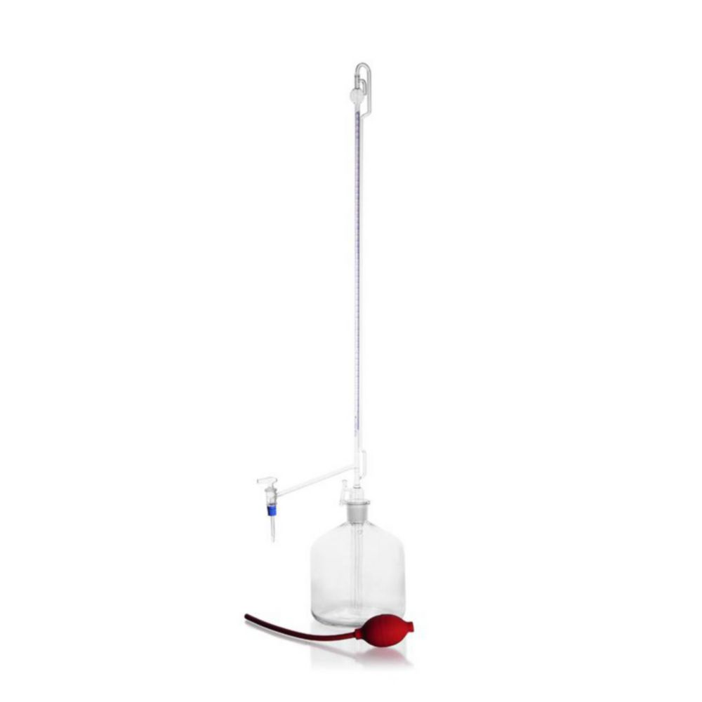 Automatic burettes, Pellet pattern, DURAN®, class AS, with glass key, bottle and blow ball