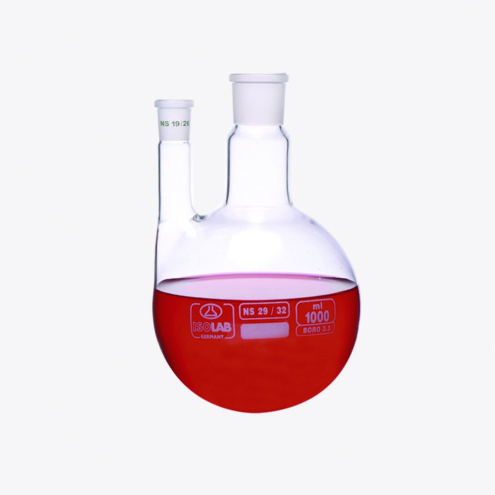 Palloni a fondo tondo con due colli, colli paralleli, vetro borosilicato 3,3