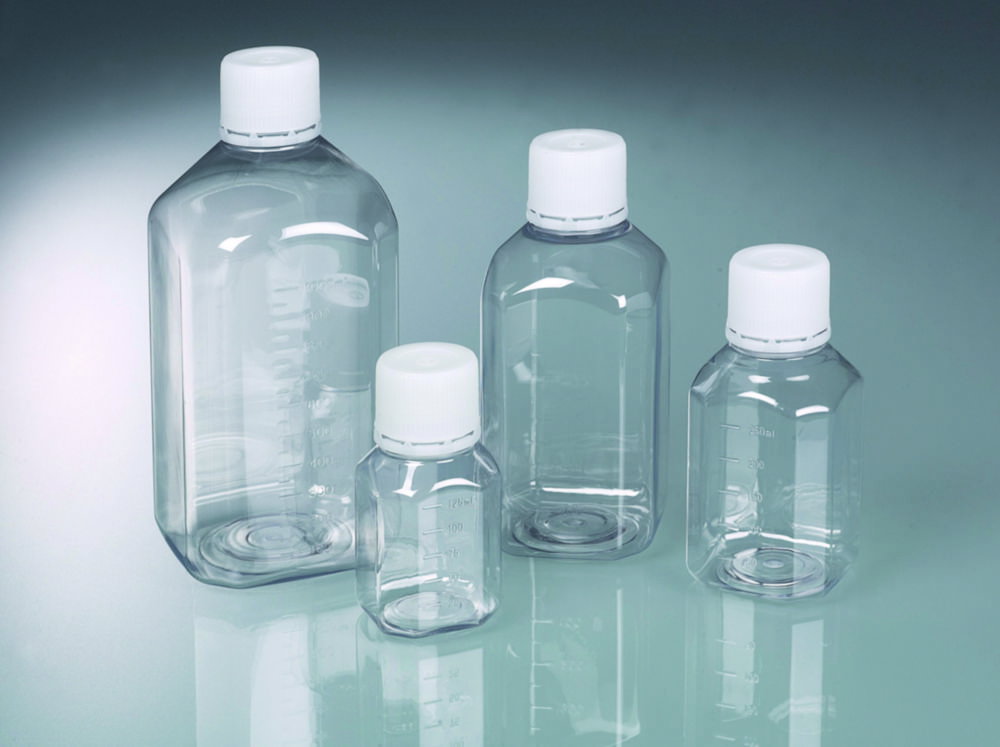 Bottiglia da laboratorio con chiusura antimanomissione, PET sterile