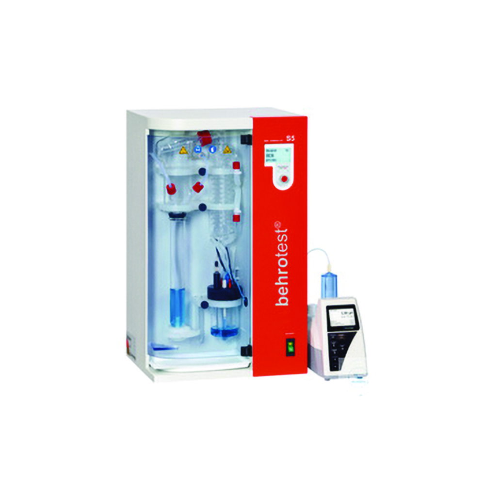 Steam Distillation S 5 with automatic addition of NaOH and H2O and H3BO3 with automatic extraction of sample residues and 99 programmes and a connection for an external titrator