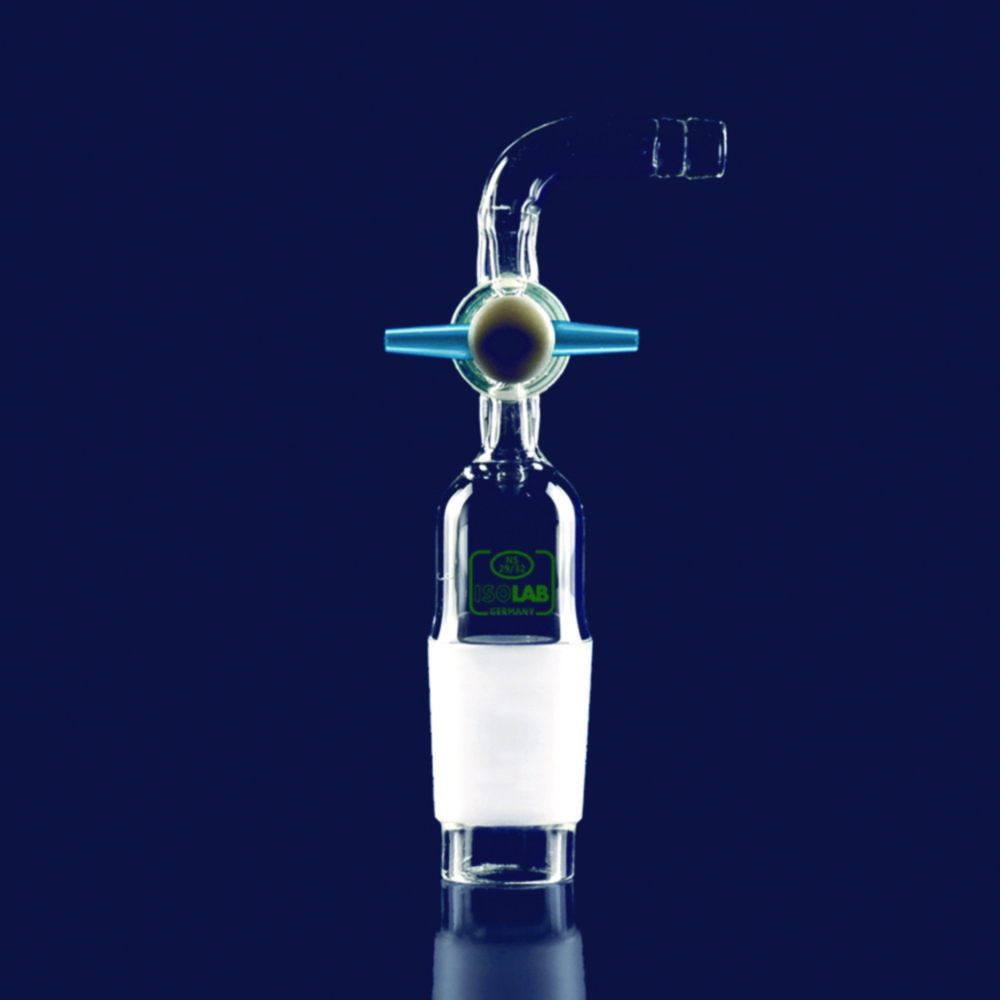 Adapter for tubing, borosilicate glass 3.3, angled (90°), with stopcock