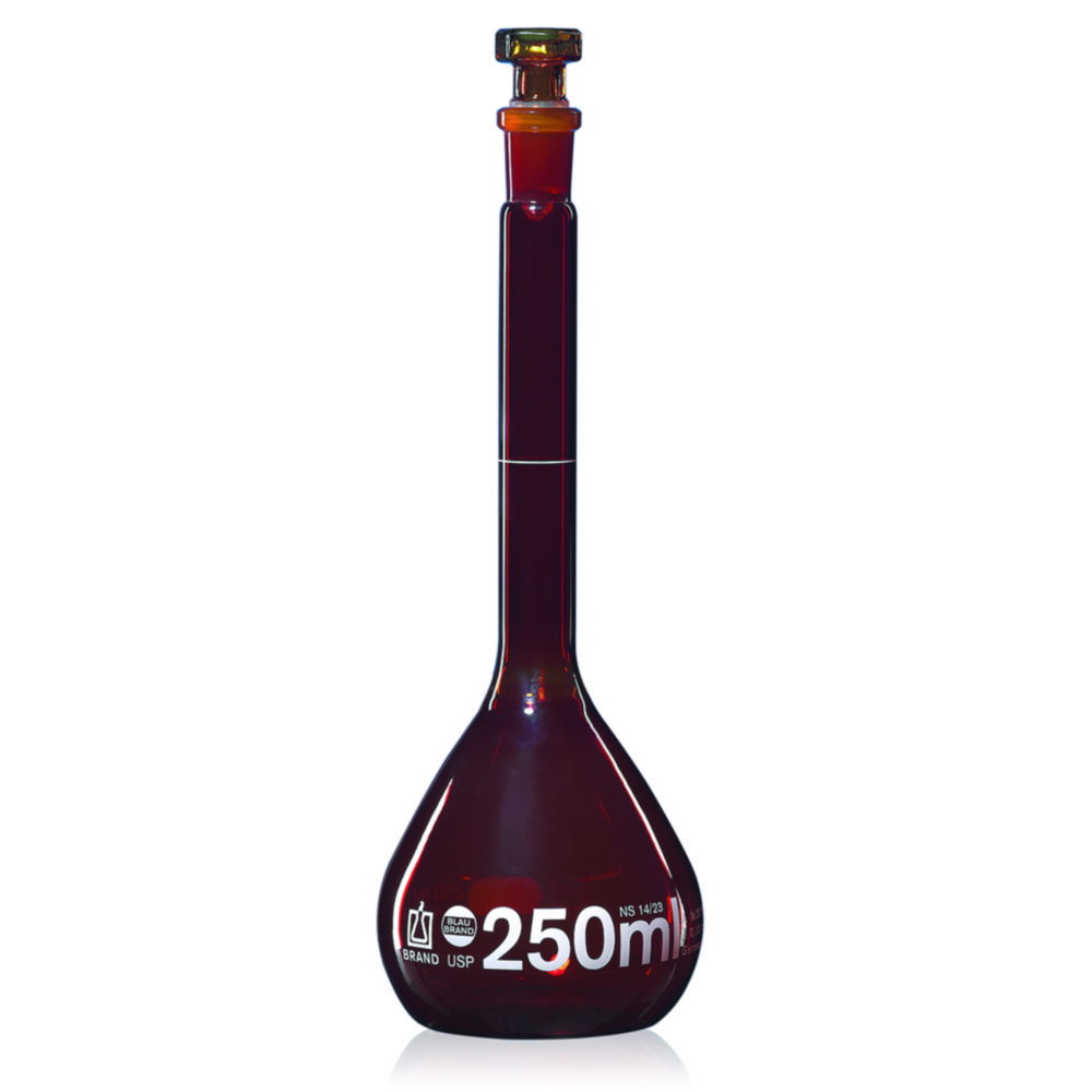 Matracci tarati, vetro borosilicato 3.3, classe A, vetro ambrato, con tappo in vetro, incl. certificato individuale USP