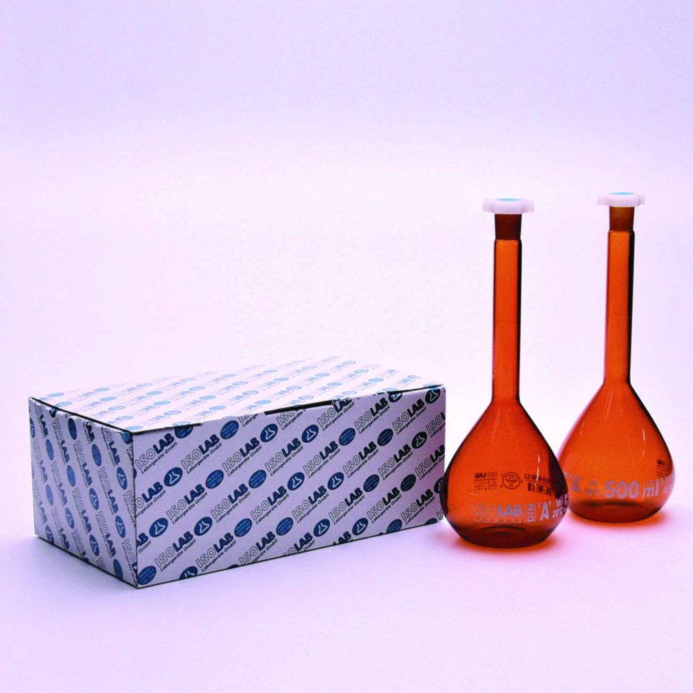 Matracci tarati, vetro borosilicato 3.3, classe A, con tappi in PE, rivestiti, ambra
