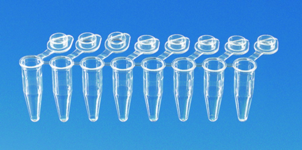 PCR tubes strips, PP, with attached single caps, 1 ridge