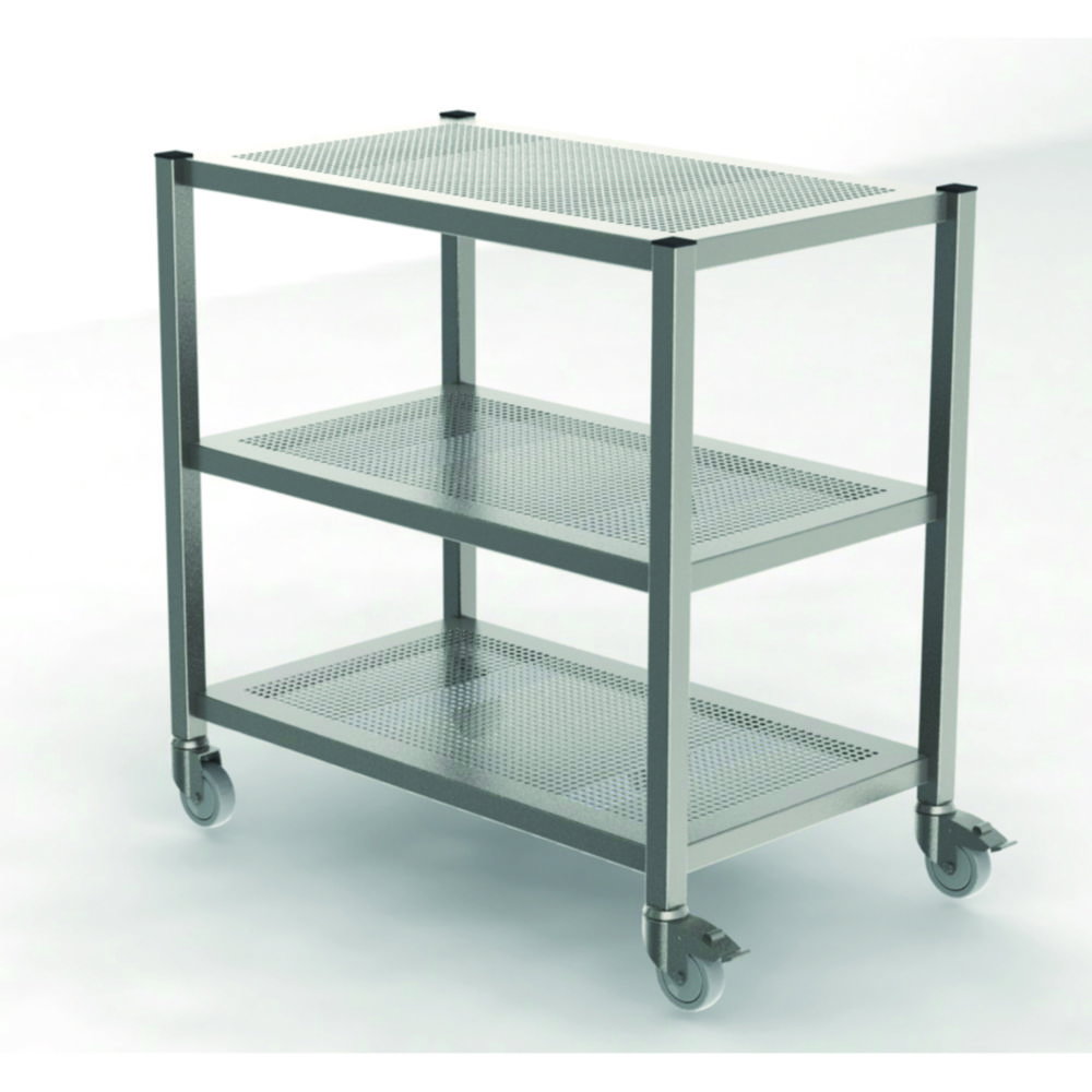 Cleanroom transport trolley, with perforated shelves