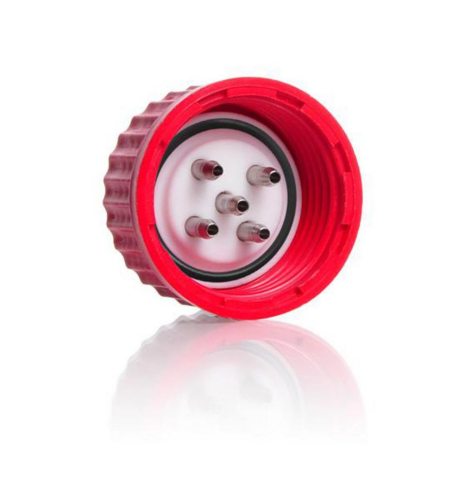 Sistema di connessione GL 45 tappo a vite in PBT rosso con inserto in PTFE e 4 porte (acciaio inox)