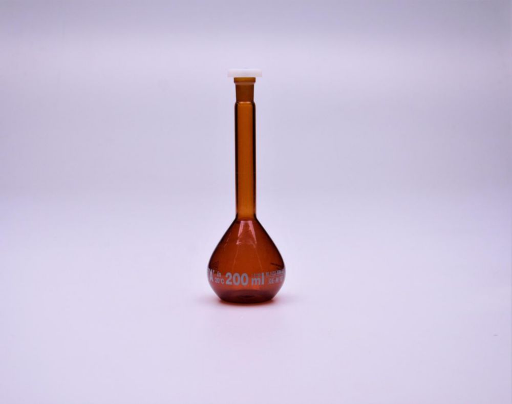Matracci tarati, vetro borosilicato 3.3, classe A, con tappi in PE, rivestiti, ambra