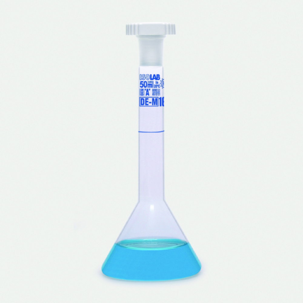Matracci volumetrici trapezoidali, vetro borosilicato 3.3, classe A, graduazioni blu