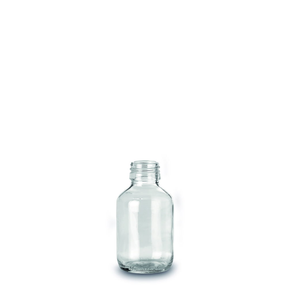 Bottiglie a bocca stretta, vetro soda-lime, trasparenti, PP 28