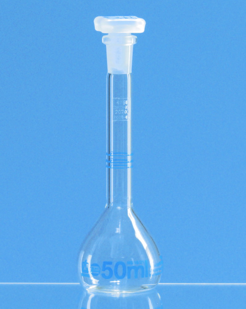 Check flasks, DAkkS calibrated, boro 3.3, class A, with 3 marks, blue graduations
