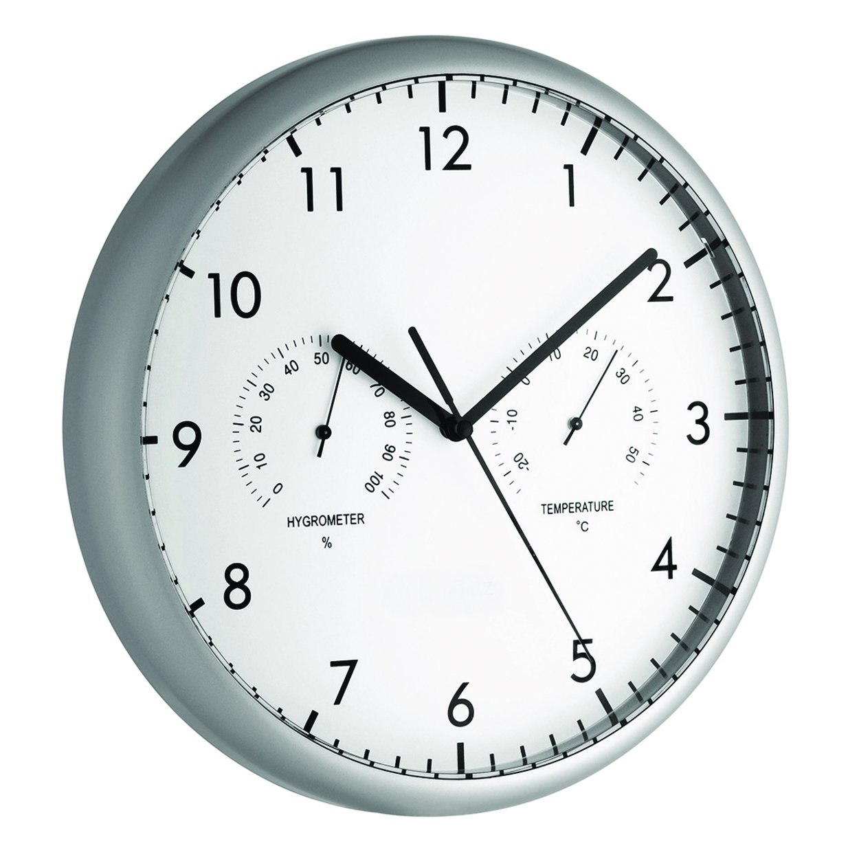 Analogue wall clock with thermometer and hygrometer