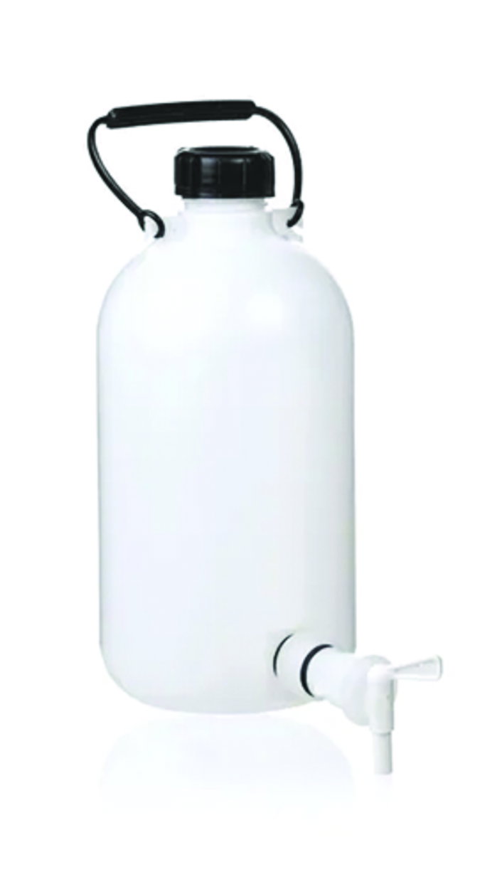 Bottiglia per aspiratore 5 l PE-HD, bocca stretta senza rubinetto, con tappo a vite e maniglia di trasporto