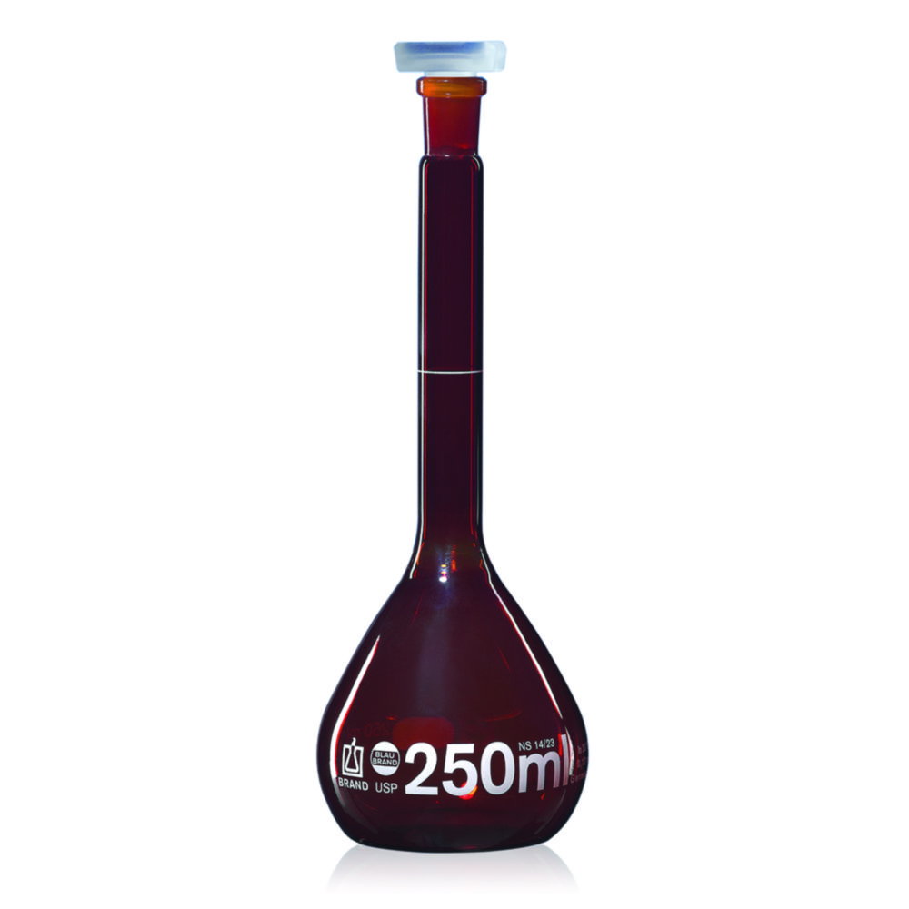 Matracci tarati, vetro borosilicato 3.3, classe A, ambra, con tappo in PP, incl. certificato individuale USP