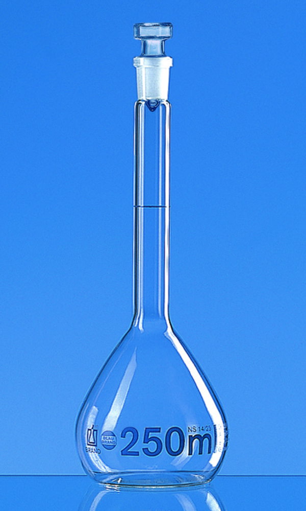 Matracci tarati, vetro borosilicato 3.3, classe A, graduazioni blu, con tappi in vetro