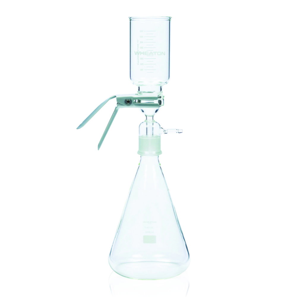 Apparecchio filtrante con supporto in acciaio inox, con morsetto in alluminio anodizzato e giunto rettificato NS40/35
