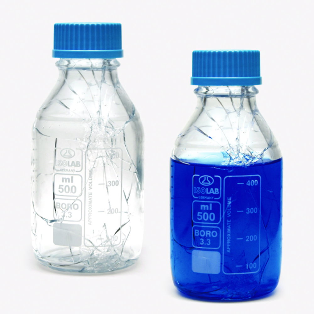 Bottiglie da laboratorio, vetro borosilicato, rivestite, trasparenti