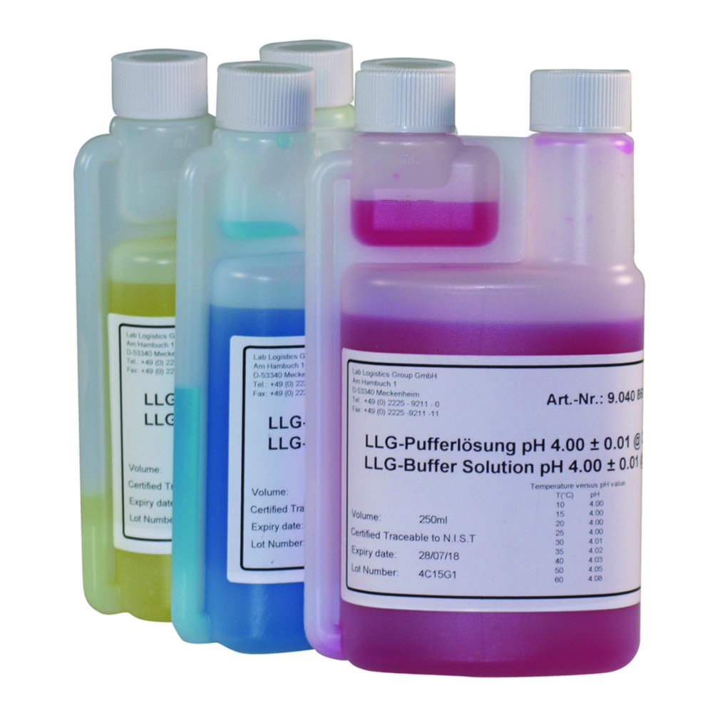 Soluzioni tampone pH con codifica colore LLG in bottiglie dispensatrici a due colli