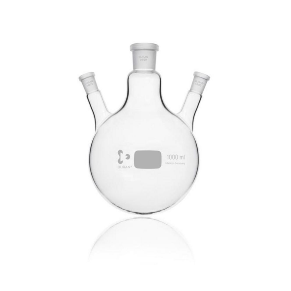 DURAN® Pallone a fondo tondo, a tre colli, attacco centrale 24/29, attacco laterale 14/23, 1000 ml