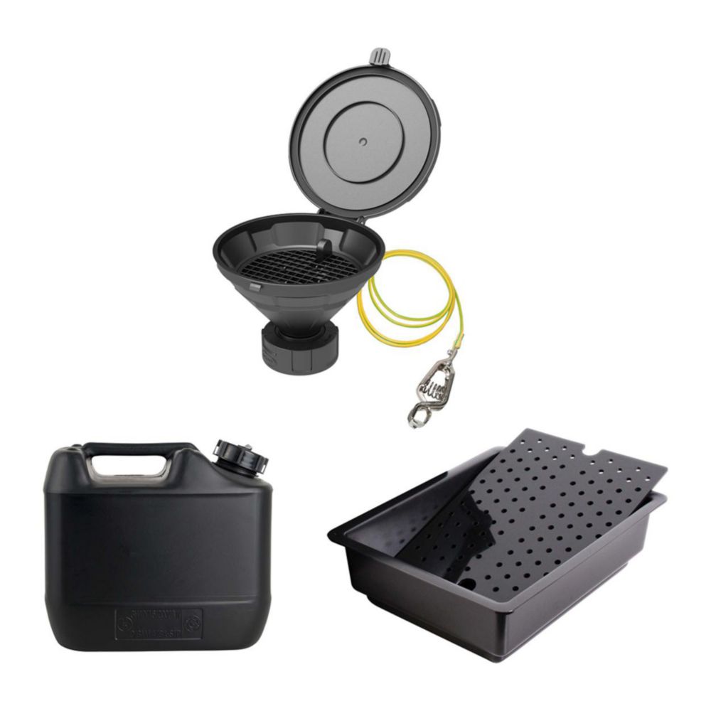Disposal unit with safety funnel and collecting tray, HDPE, electrostatic conductive