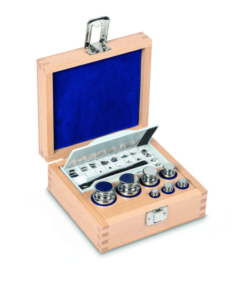 Set di pesi E2, forma cilindrica, con scatola di legno