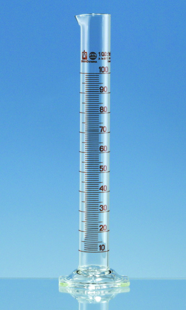 Measuring cylinders, boro 3.3, tall form, class A, amber graduations, with individual certificate