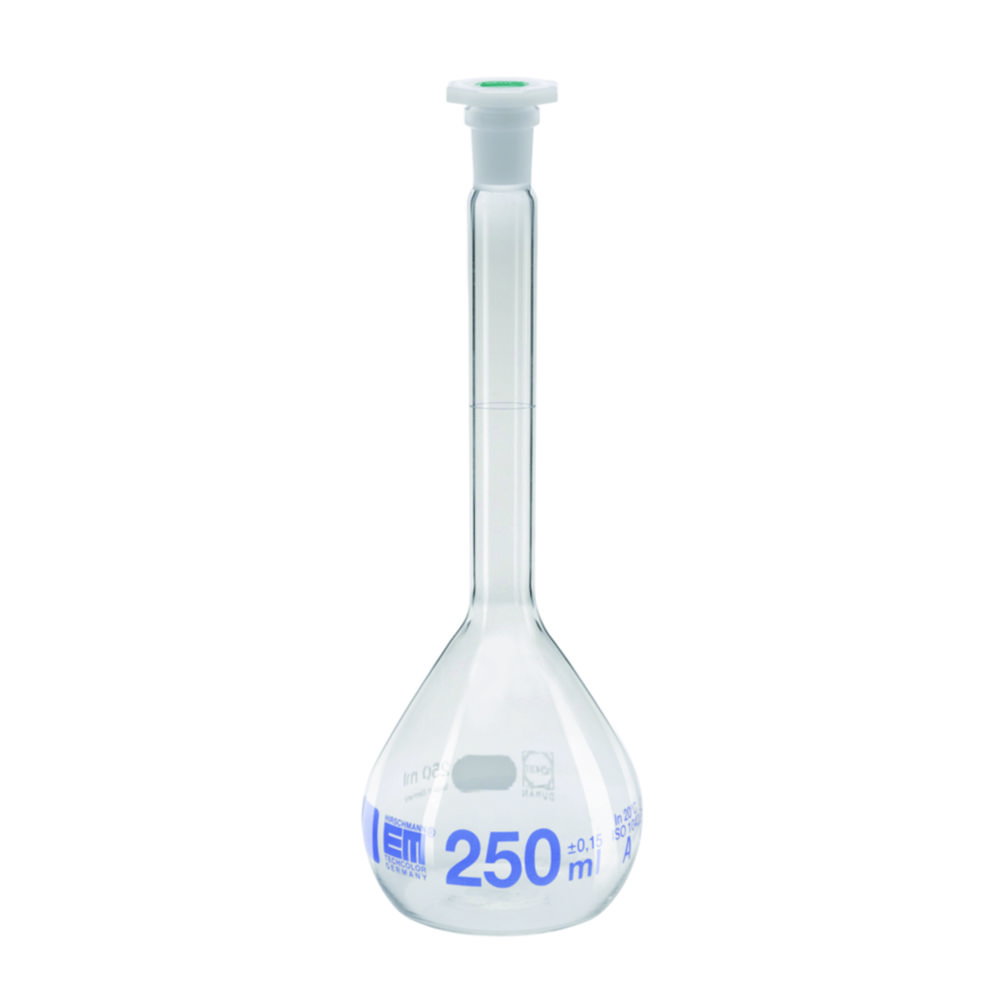 Volumetric flasks, DURAN®, class A, blue graduation, with PE stoppers