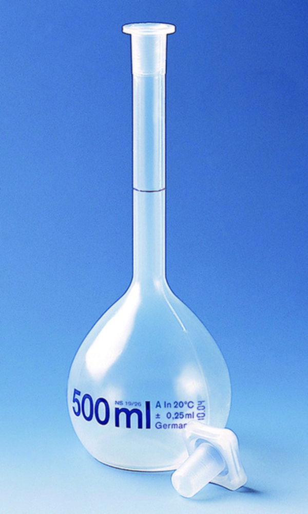Pallone volumetrico da 100 ml, PMP cl.A, NS 14/23, con tappo in PP con certificato