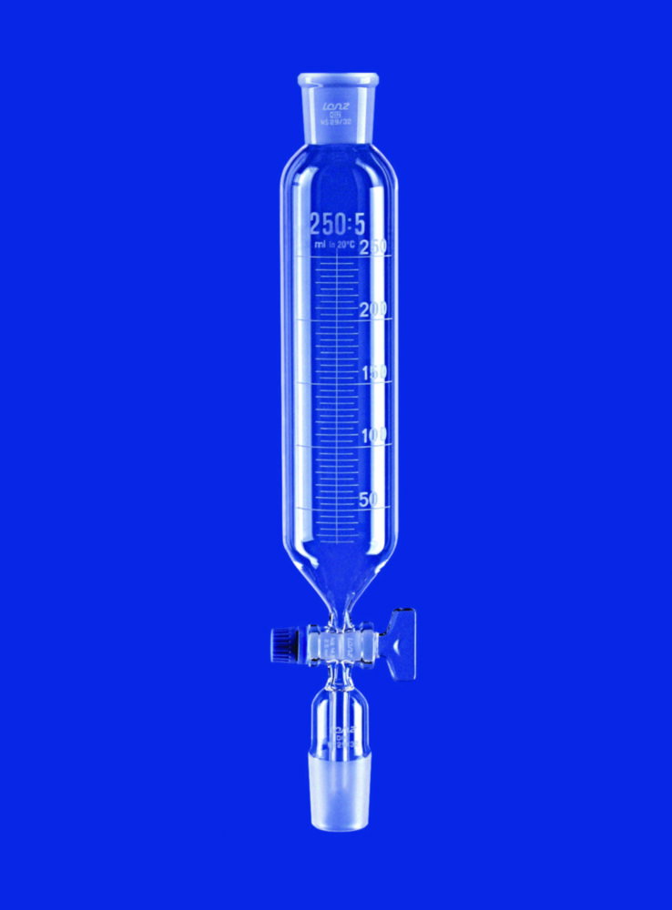 Dropping Funnels, cylindrical, borosilicate glass 3.3, with solid glass key stopcock