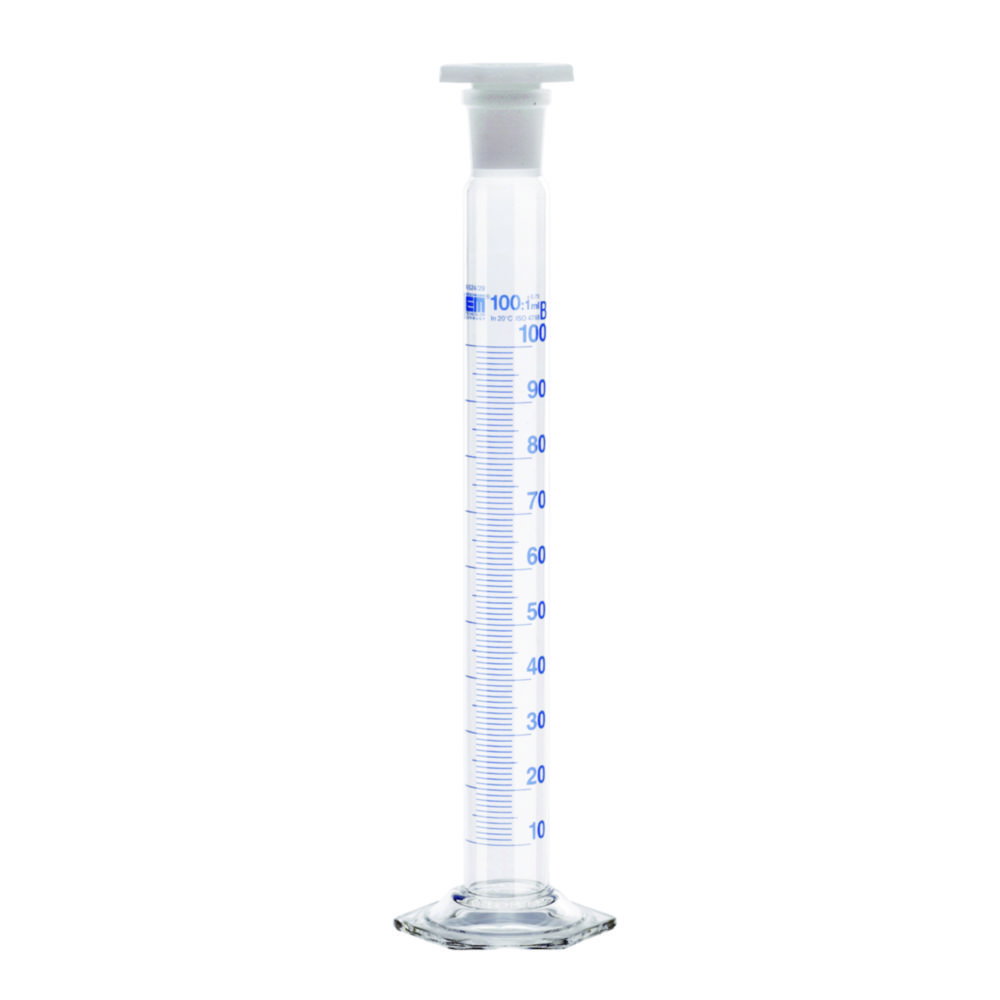 Mixing cylinders, DURAN®, class B, blue graduated, with PE stopper