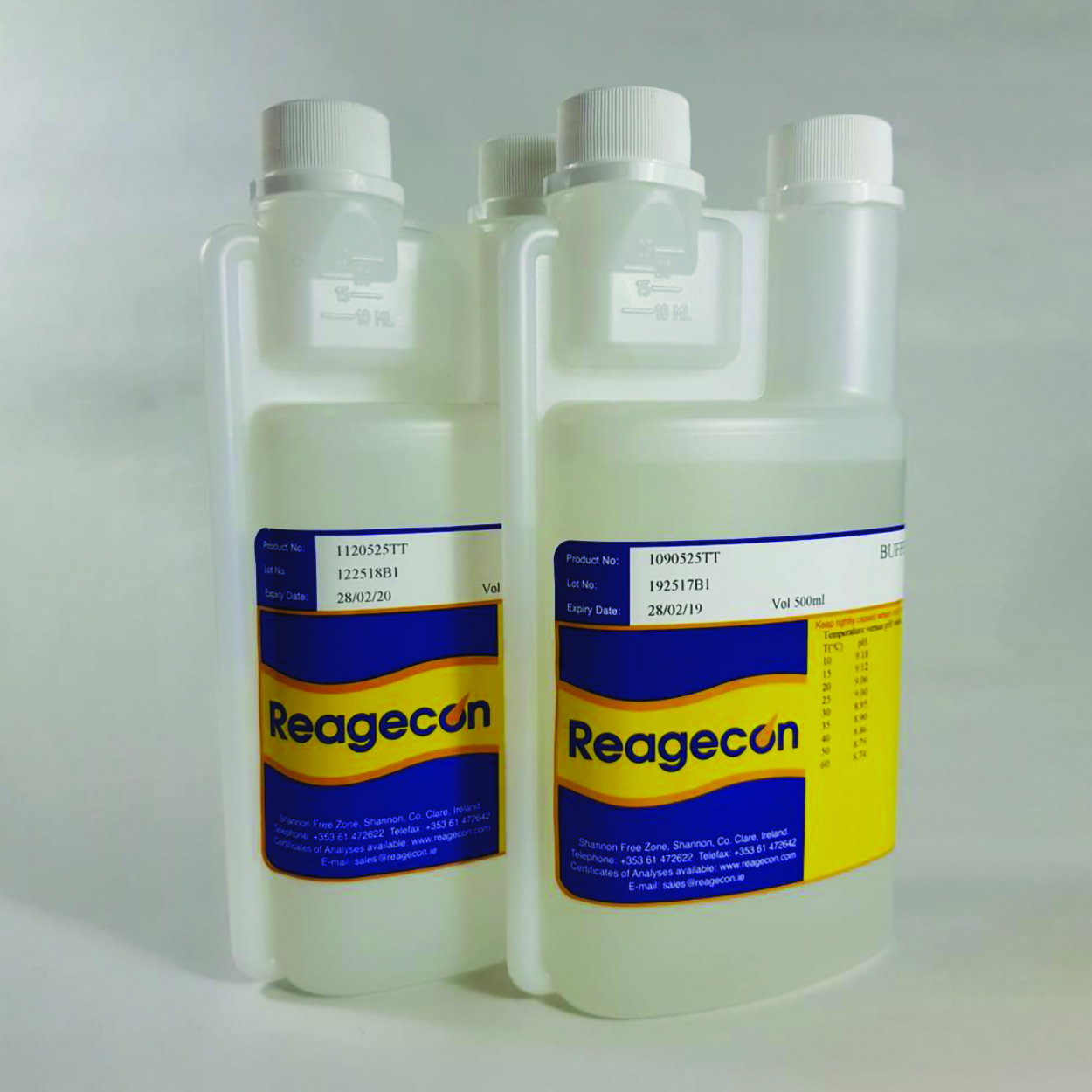 pH buffer solution in twin-neck dispensing bottle
