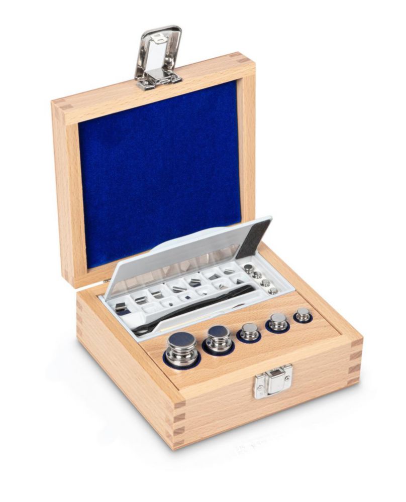 Set di pesi E2, forma cilindrica, con scatola di legno