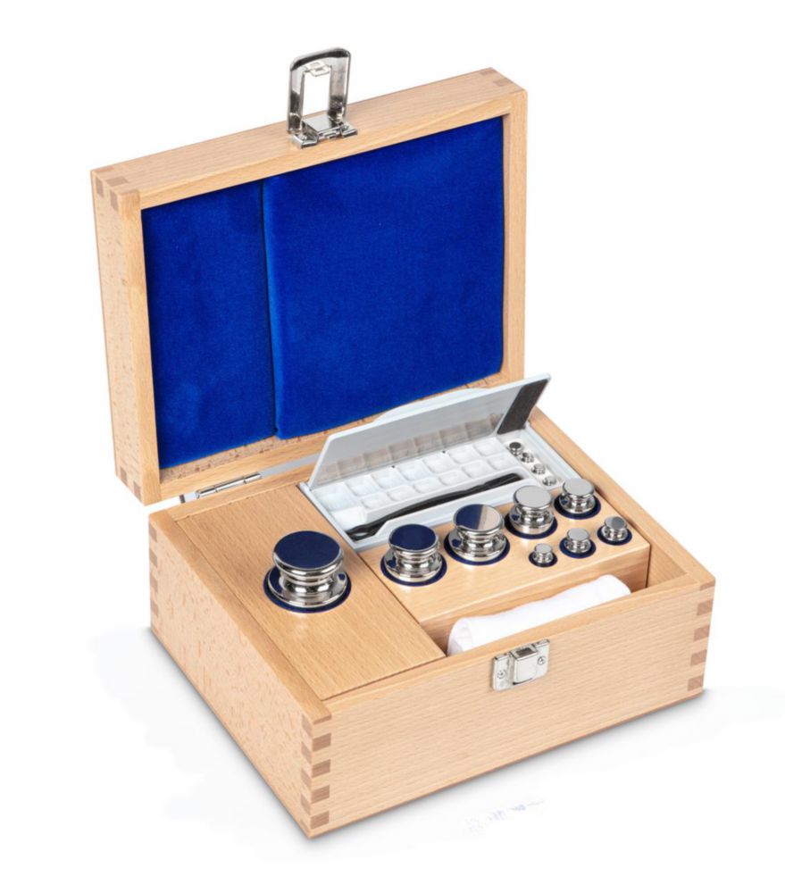 Set di pesi E2, forma cilindrica, con scatola di legno