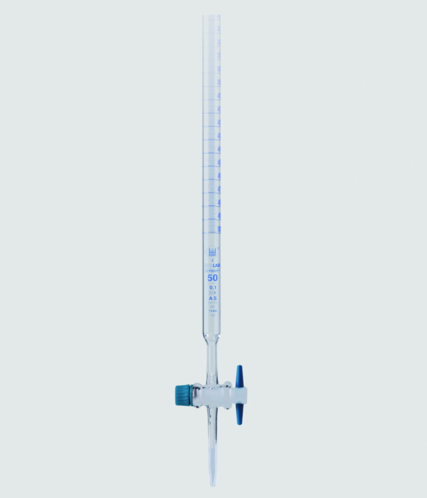 Burette, con rubinetto dritto, vetro borosilicato 3.3, classe AS