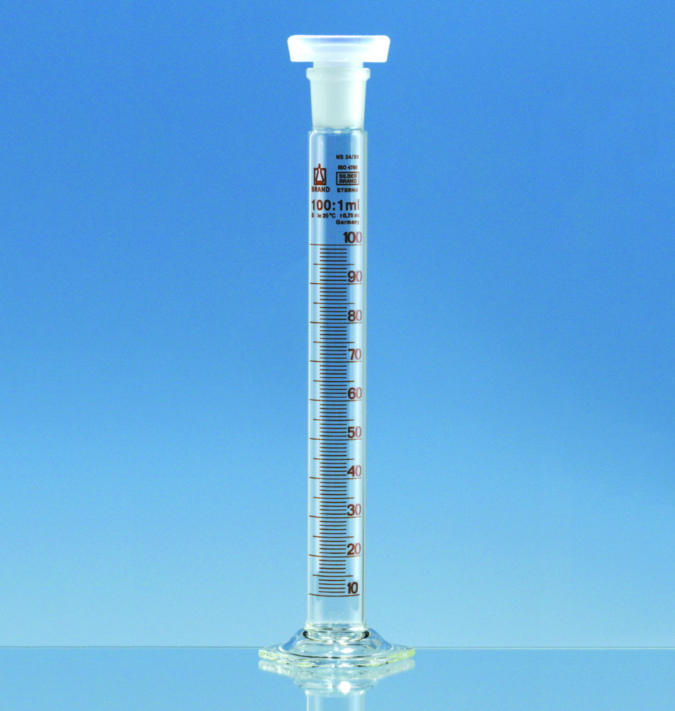 Mixing cylinders, borosilicate glass 3.3, stoppered, class B, amber graduated