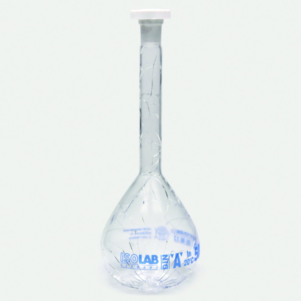 Matracci volumetrici, vetro borosilicato 3.3, classe A, graduazioni blu, con tappi in PE, rivestiti
