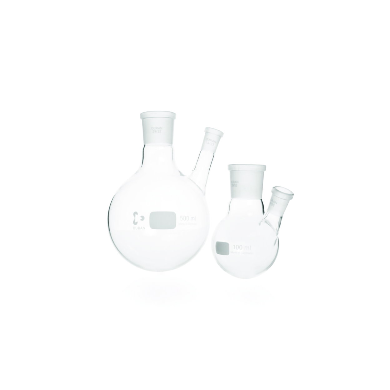 Twin neck round bottom flasks, with angled side neck, DURAN®