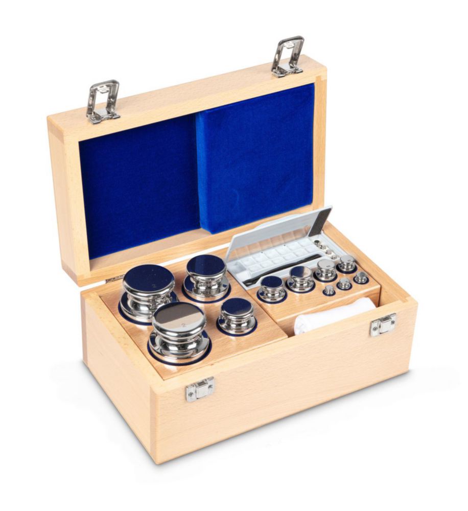 Set di pesi E1, forma cilindrica, con scatola in legno