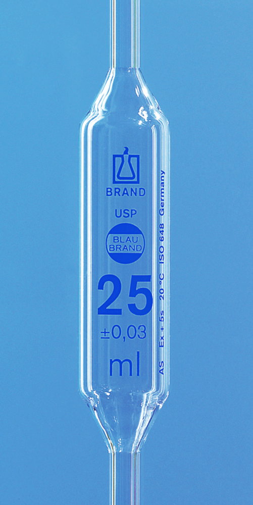 Pipette tarate, USP, AR-GLAS®, Classe AS, 1 tratto, graduazione blu, con certificato individuale USP