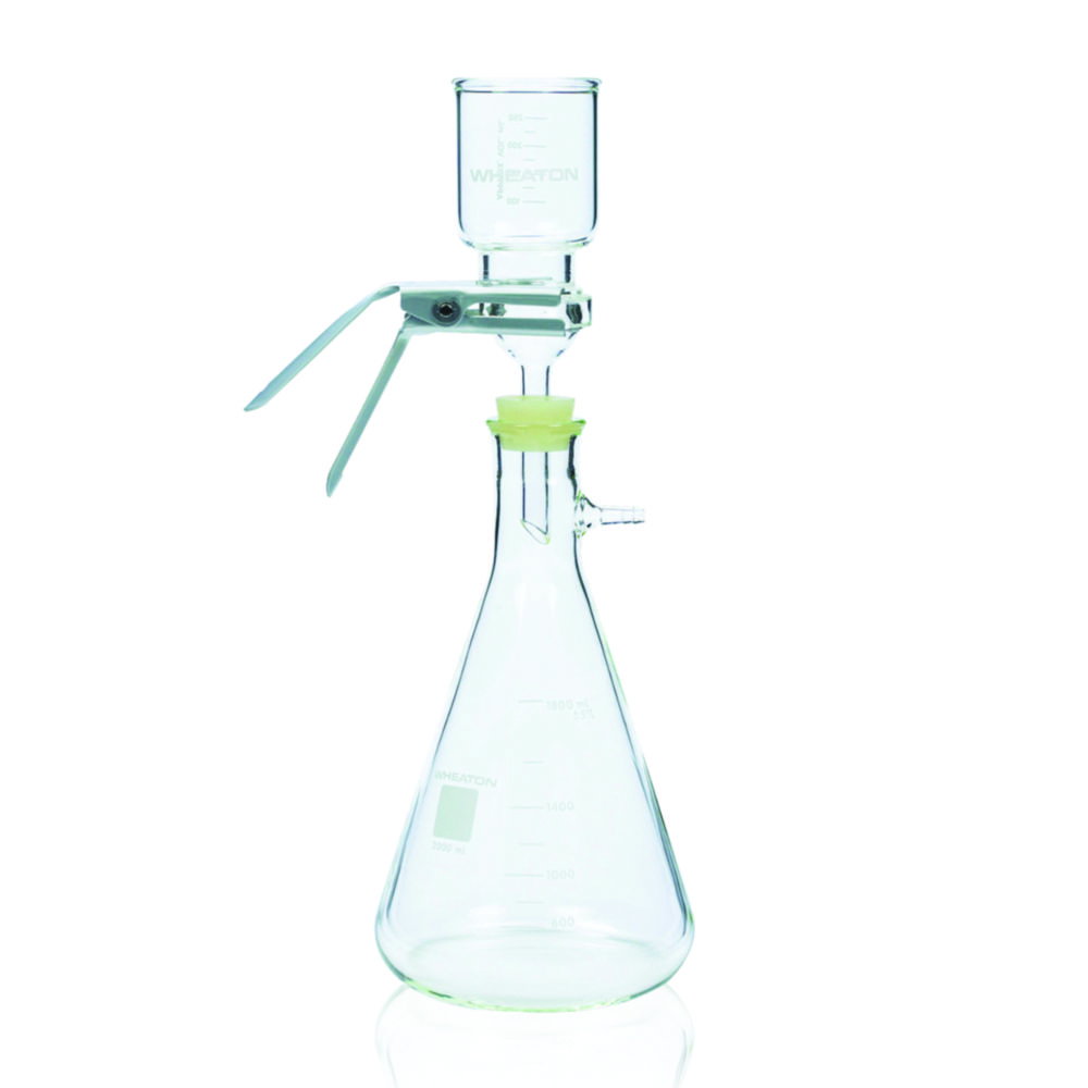 Apparecchio filtrante con supporto in acciaio inox, con morsetto in alluminio anodizzato e tappo in silicone